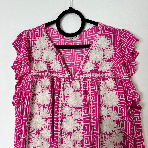 Savanna Jane Embroidered Mini Shift Dress 2X Pink Flutter Sleeve Boho Peasant - Picture 5 of 10